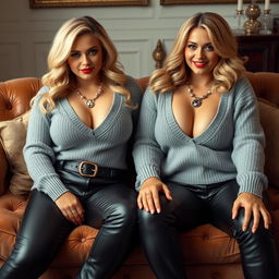 A cozy, intimate portrait of twin curvy blonde dominatrixes with average breasts, sitting confidently on a lush, opulent sofa