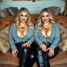 A cozy, intimate portrait of twin curvy blonde dominatrixes with average breasts, sitting confidently on a lush, opulent sofa