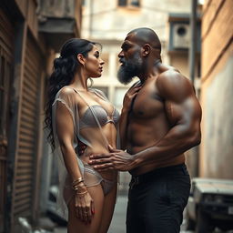 A hot sultry couple photoshoot featuring a 23-year-old shy Arab woman wearing a naked transparent braless shirt over a bikini, with red nail polish and lipstick