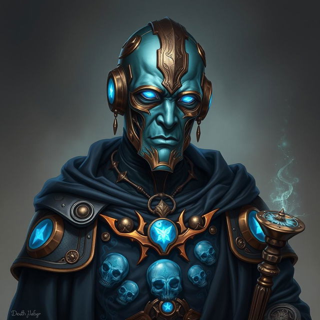 A realistic portrait of an Eberron Warforged Envoy, designed as a Cleric of the Death Domain in Dungeons and Dragons