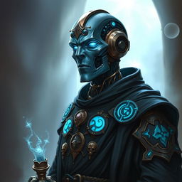 A realistic portrait of an Eberron Warforged Envoy, designed as a Cleric of the Death Domain in Dungeons and Dragons