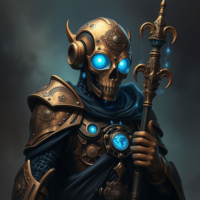 A realistic portrait of an Eberron Warforged Envoy Cleric of the Death Domain, exhibiting a stunning copper finish accented by a luminous blue core that glows softly from within