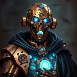 A realistic portrait of an Eberron Warforged Envoy Cleric of the Death Domain, exhibiting a stunning copper finish accented by a luminous blue core that glows softly from within