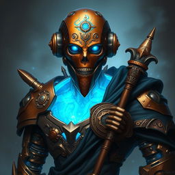 A realistic portrait of an Eberron Warforged Envoy Cleric of the Death Domain, exhibiting a stunning copper finish accented by a luminous blue core that glows softly from within