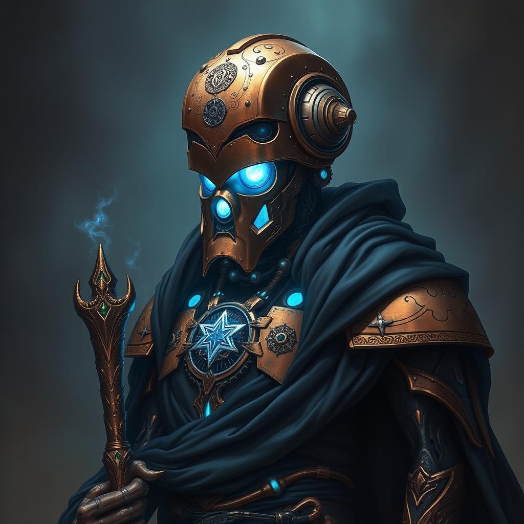 A realistic portrait of an Eberron Warforged Envoy Cleric of the Death Domain, exhibiting a stunning copper finish accented by a luminous blue core that glows softly from within