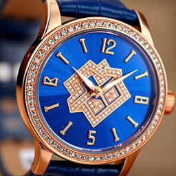 A close-up of an elegant wristwatch featuring a luxurious rose gold case and a rich blue leather strap