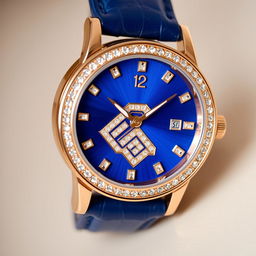 A close-up of an elegant wristwatch featuring a luxurious rose gold case and a rich blue leather strap