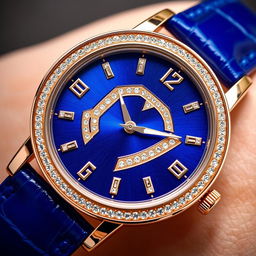 A close-up of an elegant wristwatch featuring a luxurious rose gold case and a rich blue leather strap