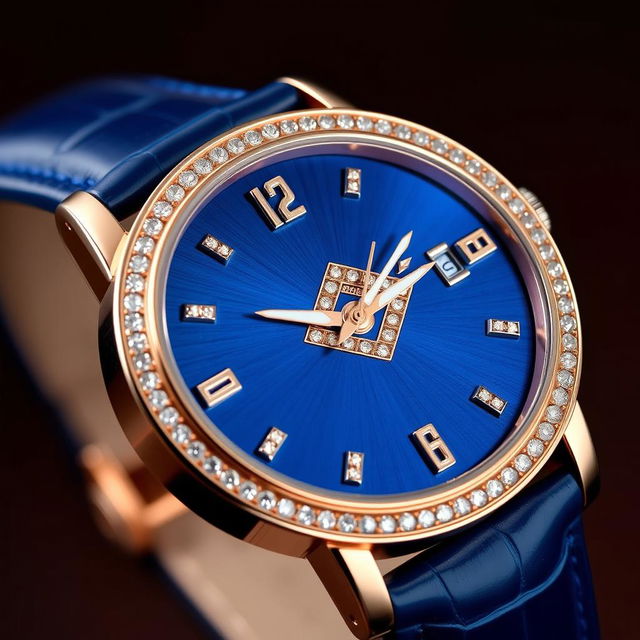 A close-up of an elegant wristwatch featuring a luxurious rose gold case and a rich blue leather strap