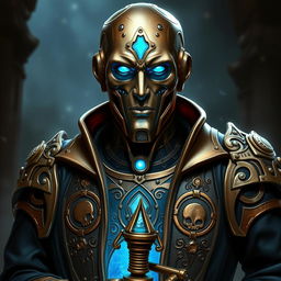A realistic portrait of an Eberron Warforged Envoy, depicted as a Cleric of the Death Domain from Dungeons and Dragons