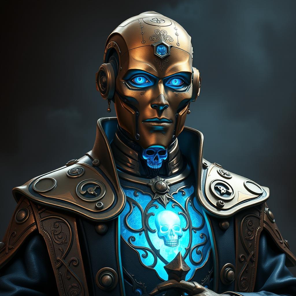 A realistic portrait of an Eberron Warforged Envoy, depicted as a Cleric of the Death Domain from Dungeons and Dragons