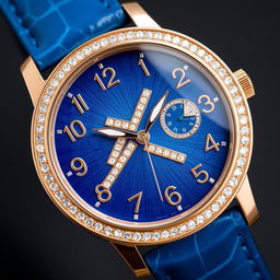 A close-up of a confusing yet elegant Jaeger-LeCoultre wristwatch featuring a luxurious rose gold case and a striking blue leather strap