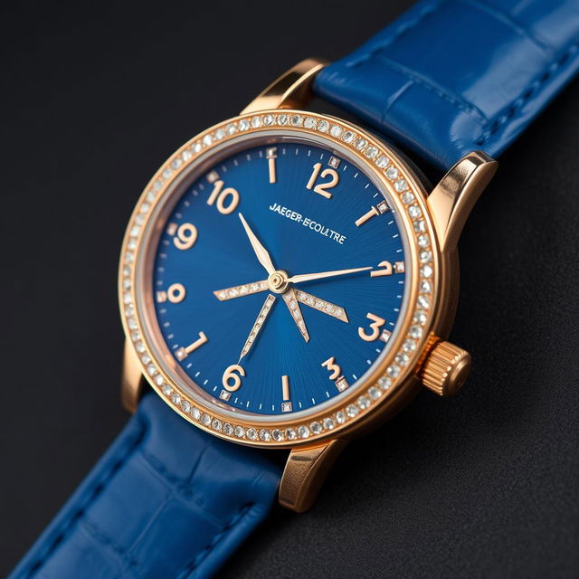 A close-up of a confusing yet elegant Jaeger-LeCoultre wristwatch featuring a luxurious rose gold case and a striking blue leather strap