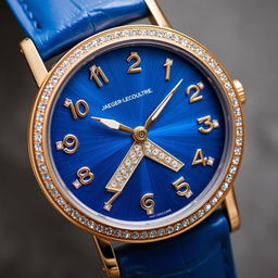 A close-up of a confusing yet elegant Jaeger-LeCoultre wristwatch featuring a luxurious rose gold case and a striking blue leather strap