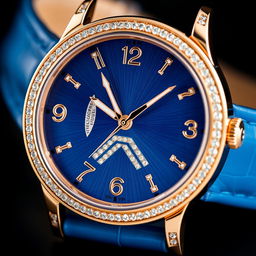 A close-up of a confusing yet elegant Jaeger-LeCoultre wristwatch featuring a luxurious rose gold case and a striking blue leather strap
