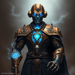 A realistic portrait of an Eberron Warforged Envoy, envisioned as a Cleric of the Death Domain in Dungeons and Dragons