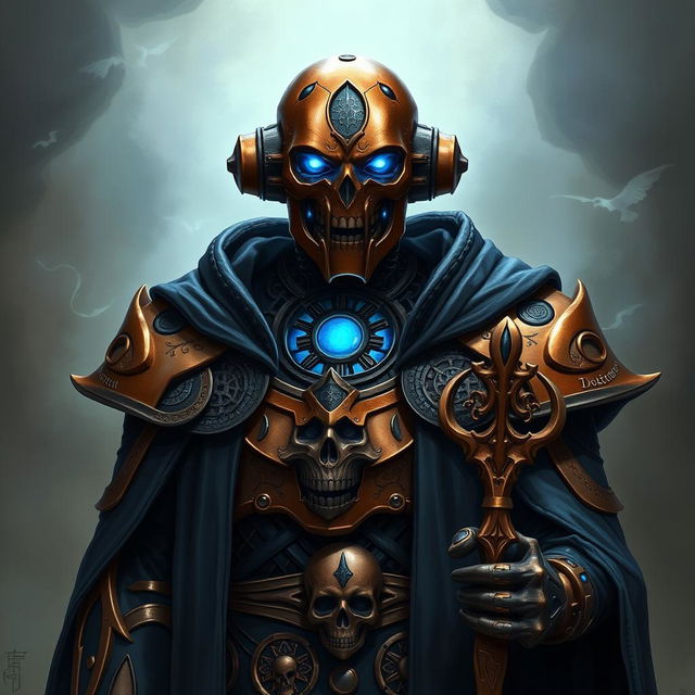 A realistic portrait of an Eberron Warforged Envoy, envisioned as a Cleric of the Death Domain in Dungeons and Dragons