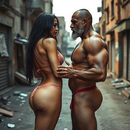 A hot sultry couple photoshoot featuring a 23-year-old shy Arab woman wearing a naked transparent bikini, adorned with red nail polish