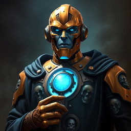 A realistic portrait of an Eberron Warforged Envoy, envisioned as a Cleric of the Death Domain from Dungeons and Dragons