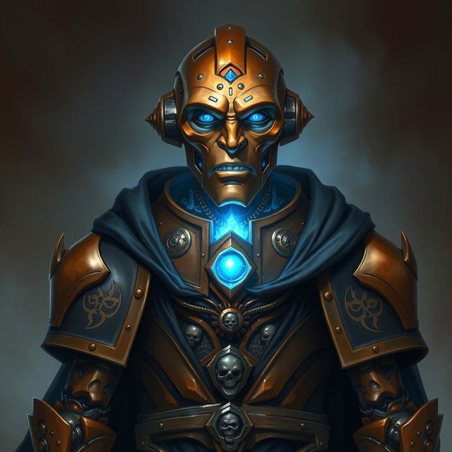 A realistic portrait of an Eberron Warforged Envoy, envisioned as a Cleric of the Death Domain from Dungeons and Dragons