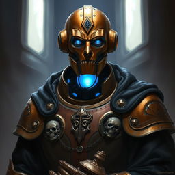 A realistic portrait of an Eberron Warforged Envoy, envisioned as a Cleric of the Death Domain from Dungeons and Dragons