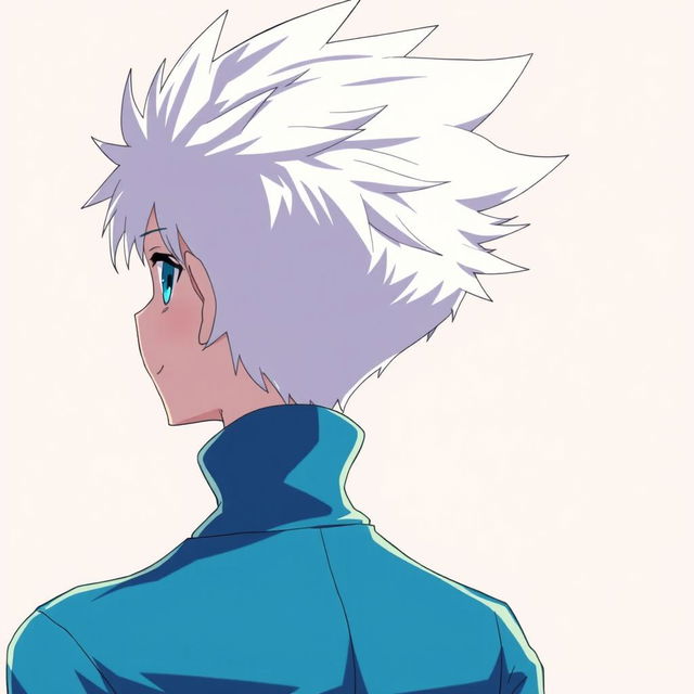 An anime boy character depicted from the back, featuring spiky white hair reminiscent of Killua Zoldyck from Hunter x Hunter