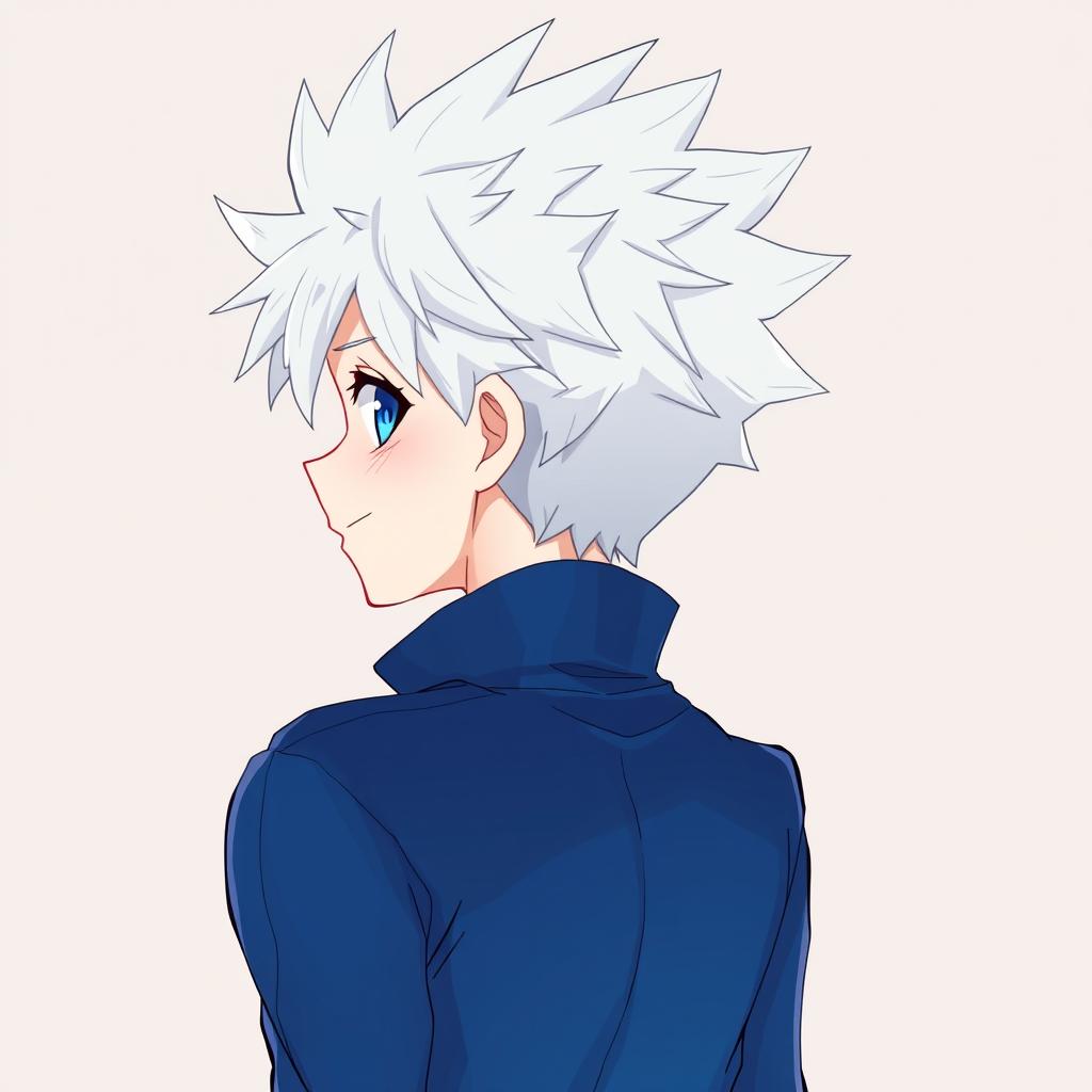 An anime boy character depicted from the back, featuring spiky white hair reminiscent of Killua Zoldyck from Hunter x Hunter