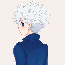 An anime boy character depicted from the back, featuring spiky white hair reminiscent of Killua Zoldyck from Hunter x Hunter