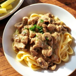 A delicious plate of Chicken Stroganoff, featuring tender strips of chicken cooked in a creamy mushroom sauce, served over a bed of fluffy egg noodles