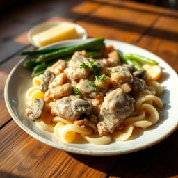 A delicious plate of Chicken Stroganoff, featuring tender strips of chicken cooked in a creamy mushroom sauce, served over a bed of fluffy egg noodles