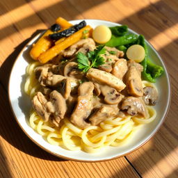 A delicious plate of Chicken Stroganoff, featuring tender strips of chicken cooked in a creamy mushroom sauce, served over a bed of fluffy egg noodles