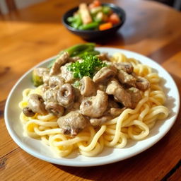 A delicious plate of Chicken Stroganoff, featuring tender strips of chicken cooked in a creamy mushroom sauce, served over a bed of fluffy egg noodles