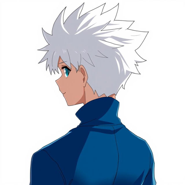 An anime boy character depicted from the back, featuring spiky white hair reminiscent of Killua Zoldyck from Hunter x Hunter