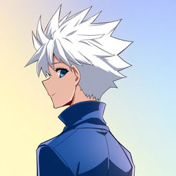 An anime boy character depicted from the back, featuring spiky white hair reminiscent of Killua Zoldyck from Hunter x Hunter