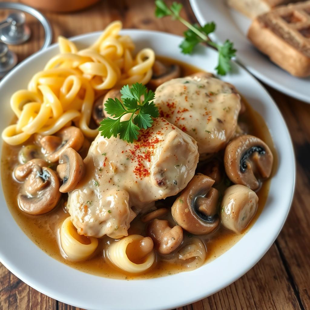 A beautifully plated dish of Chicken Stroganoff, featuring tender pieces of chicken in a creamy mushroom sauce, garnished with fresh parsley on top