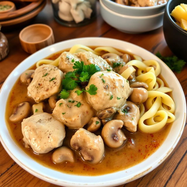 A beautifully plated dish of Chicken Stroganoff, featuring tender pieces of chicken in a creamy mushroom sauce, garnished with fresh parsley on top