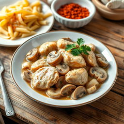 A beautifully plated dish of Chicken Stroganoff, featuring tender pieces of chicken in a creamy mushroom sauce, garnished with fresh parsley on top