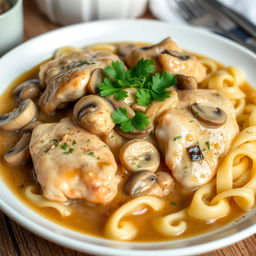 A beautifully plated dish of Chicken Stroganoff, featuring tender pieces of chicken in a creamy mushroom sauce, garnished with fresh parsley on top
