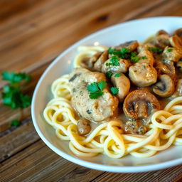 A beautiful plate of Chicken Stroganoff, featuring tender pieces of chicken braised in a creamy mushroom sauce, garnished with fresh parsley