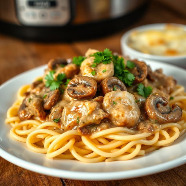 A beautiful plate of Chicken Stroganoff, featuring tender pieces of chicken braised in a creamy mushroom sauce, garnished with fresh parsley