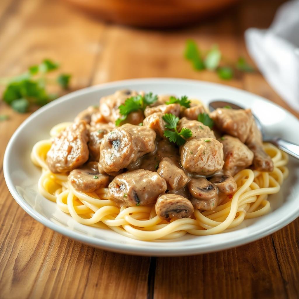 A beautiful plate of Chicken Stroganoff, featuring tender pieces of chicken braised in a creamy mushroom sauce, garnished with fresh parsley