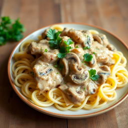 A beautiful plate of Chicken Stroganoff, featuring tender pieces of chicken braised in a creamy mushroom sauce, garnished with fresh parsley