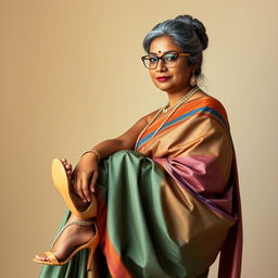 A stunningly beautiful Indian woman, 55 years old, featuring dusky skin and gracefully styled grey hairs in a bun, wearing fashionable glasses