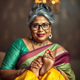 A stunningly beautiful Indian woman, 55 years old, featuring dusky skin and gracefully styled grey hairs in a bun, wearing fashionable glasses