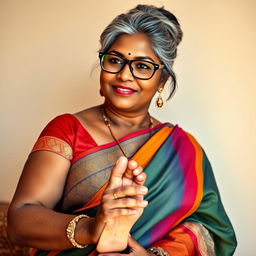 A stunningly beautiful Indian woman, 55 years old, featuring dusky skin and gracefully styled grey hairs in a bun, wearing fashionable glasses
