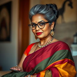 A stunningly beautiful Indian woman, 55 years old, featuring dusky skin and gracefully styled grey hairs in a bun, wearing fashionable glasses
