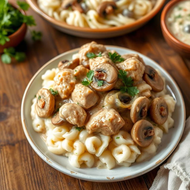 A delicious dish of Chicken Stroganoff, featuring tender pieces of chicken cooked in a creamy mushroom sauce, enriched with onions, garlic, and herbs