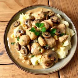 A delicious dish of Chicken Stroganoff, featuring tender pieces of chicken cooked in a creamy mushroom sauce, enriched with onions, garlic, and herbs