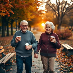 An elderly couple walking hand in hand in a scenic park during autumn