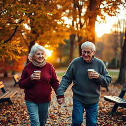 An elderly couple walking hand in hand in a scenic park during autumn